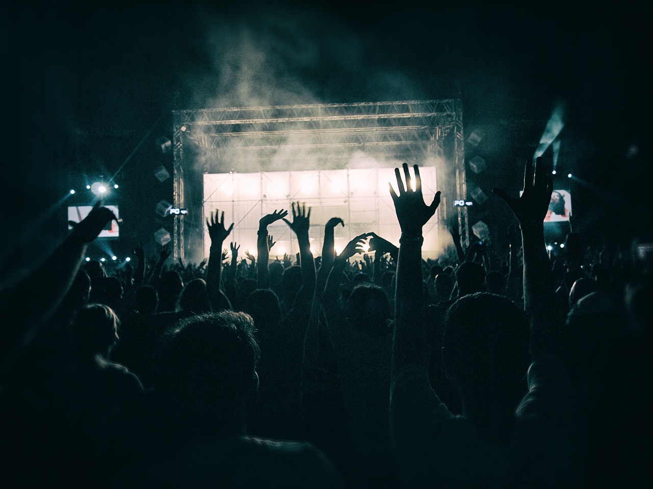 hands silhouetted in the air at a music concert