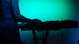 a woman plays an electronic machine 