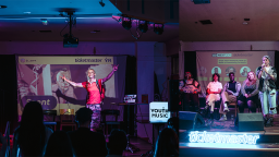 two photos; a person performs on stage with their arms outstretched; a panel of people sit on a stage