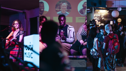 collage of three photos: a woman plays guitar; a man on a panel holds a microphone; a group of people socialise