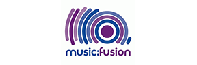 music fusion text with circles in purple and blue